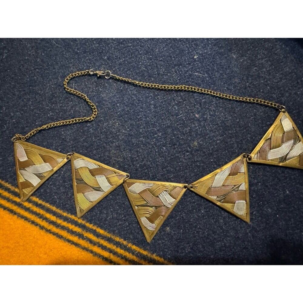 Statement Triangle Woven Copper-Brass Silver Neckklace 5 panels 23in